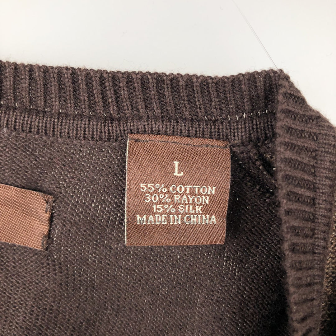 1990'S Perry Ellis Silk Blend Argyle Pattern V-Neck Cotton Knit Vest, Men's Size L (Equivalent), Vintage cotton brown type Vintage Second Hand