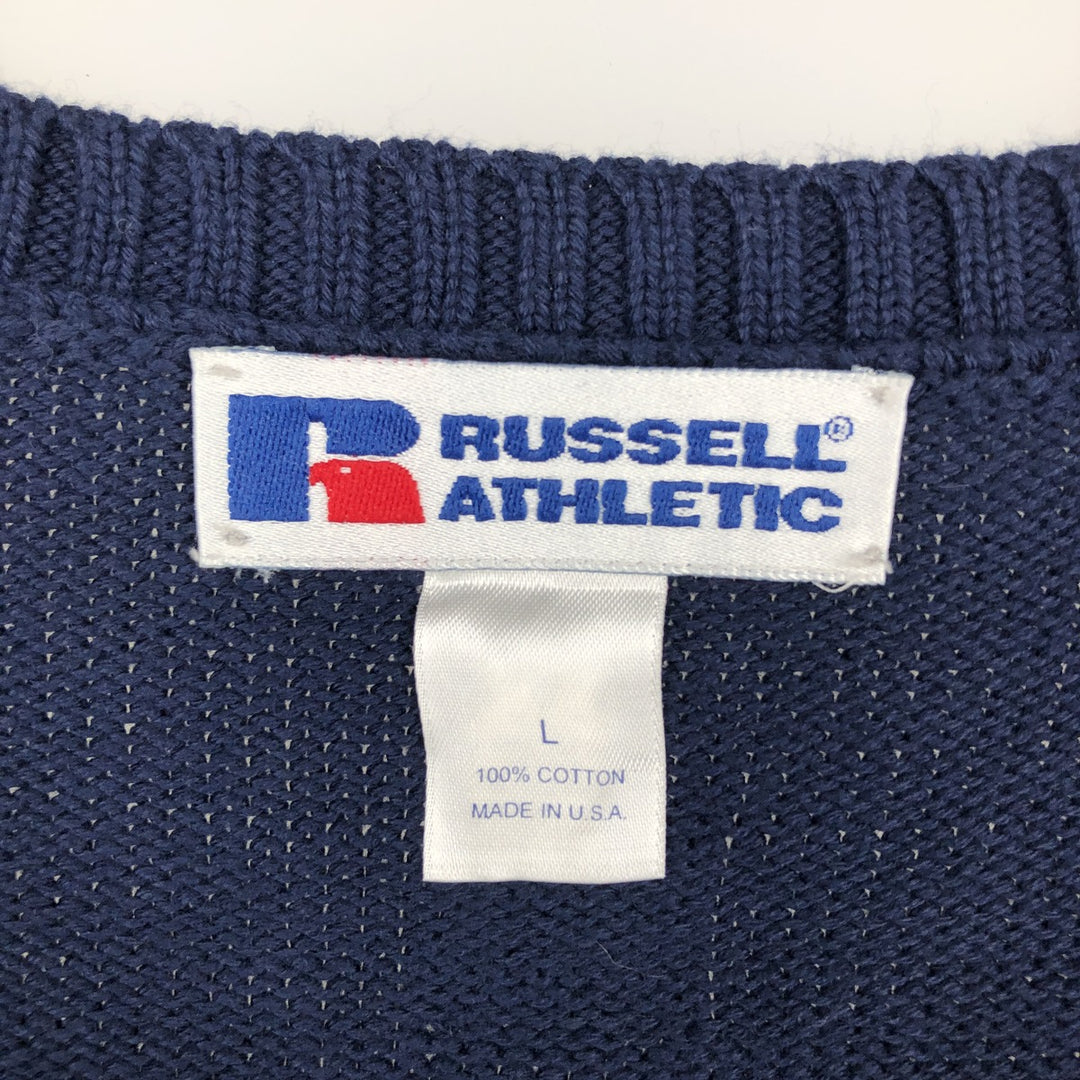 Vintage 90'S Russell V-neck cotton knit vest, made in the USA, size L, men's cotton navy blue type Vintage Second Hand