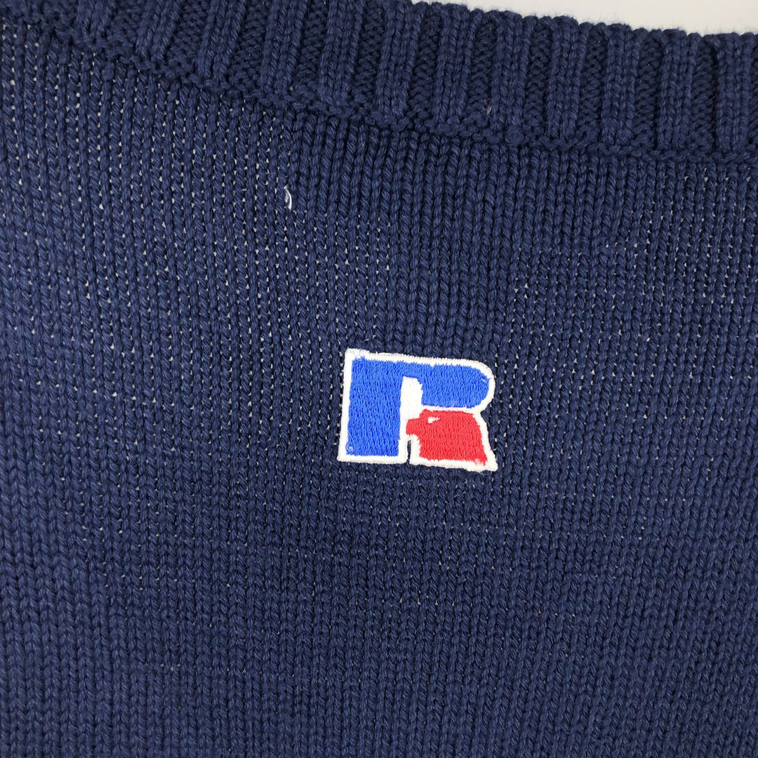 Vintage 90'S Russell V-neck cotton knit vest, made in the USA, size L, men's cotton navy blue type Vintage Second Hand