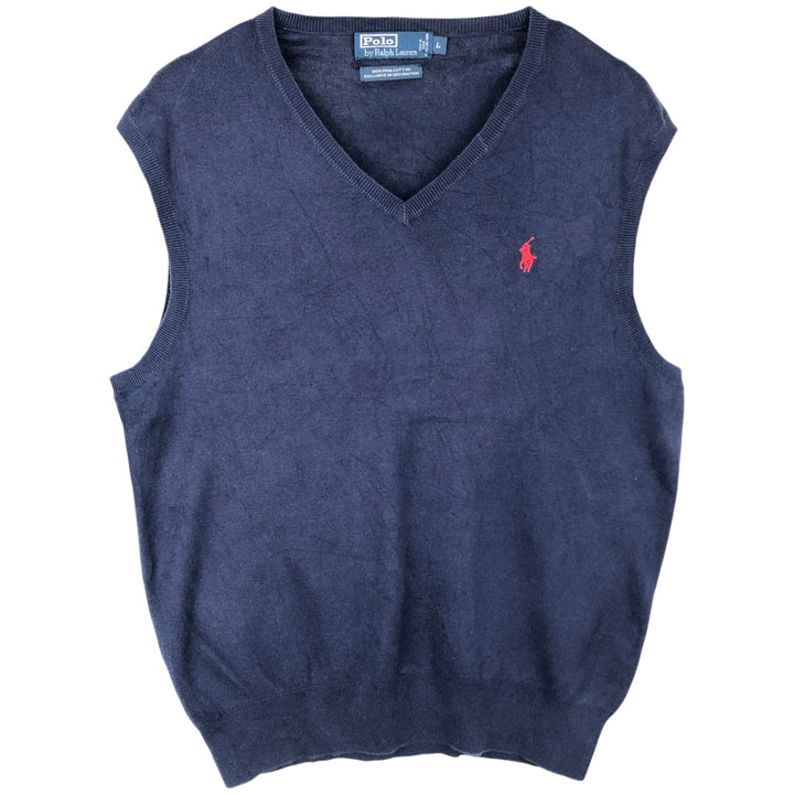Ralph Lauren POLO by Ralph Lauren V-neck Pima cotton knit vest, men's size L Pima Cotton navy blue type Vintage Second Hand