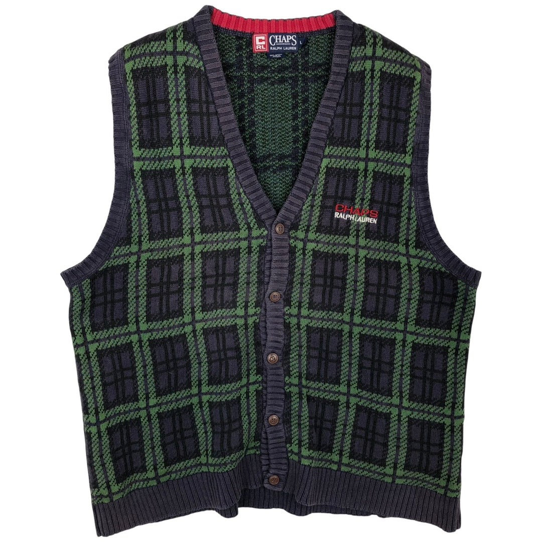 Ralph Lauren CHAPS Check Pattern Open-Front Cotton Knit Vest, Men's Size L (approx.) cotton navy blue type Vintage Second Hand