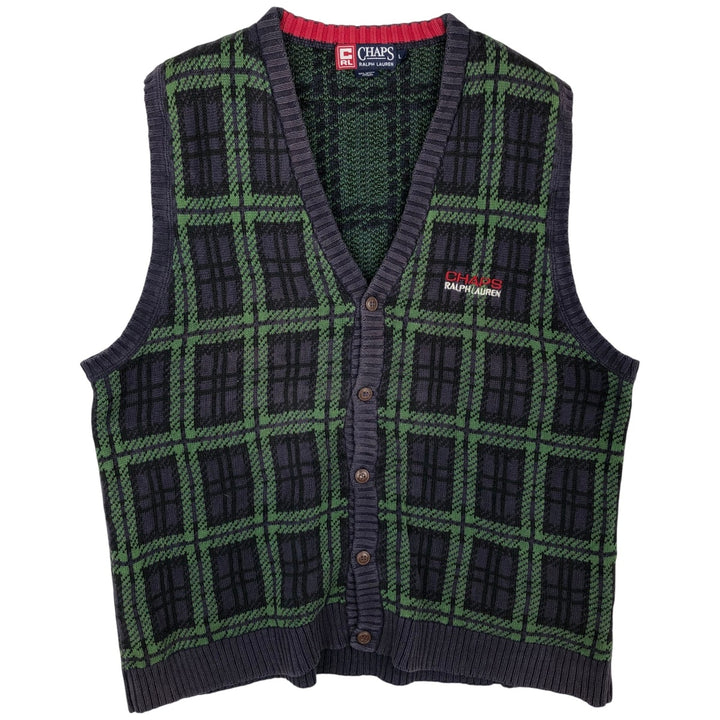 Ralph Lauren CHAPS Check Pattern Open-Front Cotton Knit Vest, Men's Size L (approx.) cotton navy blue type Vintage Second Hand