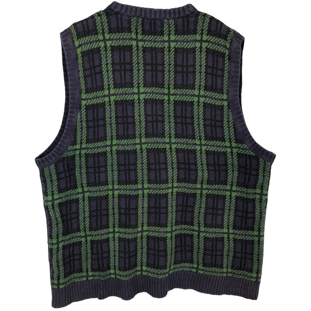 Ralph Lauren CHAPS Check Pattern Open-Front Cotton Knit Vest, Men's Size L (approx.) cotton navy blue type Vintage Second Hand