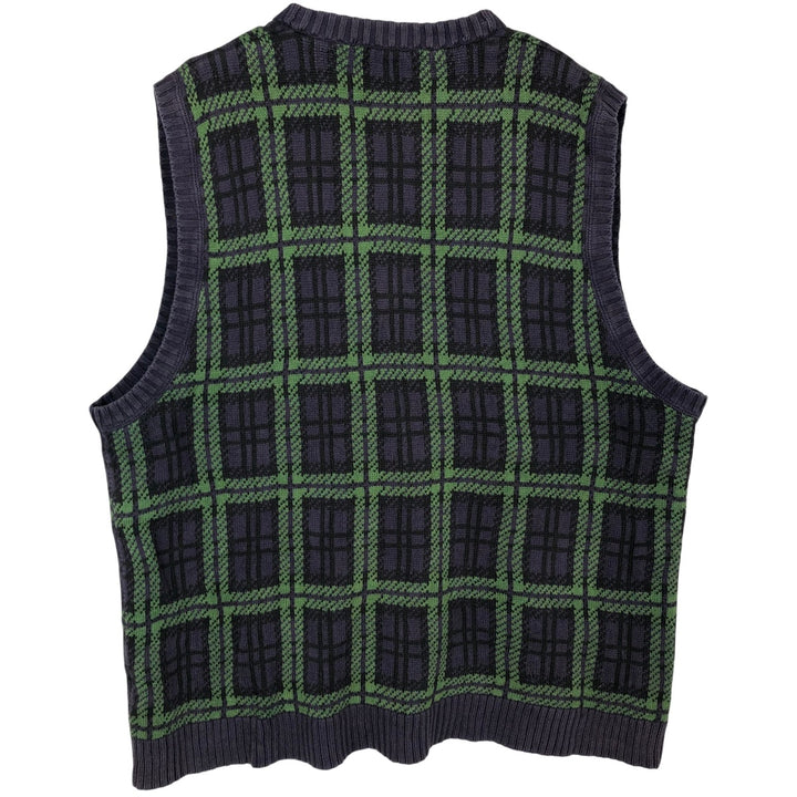 Ralph Lauren CHAPS Check Pattern Open-Front Cotton Knit Vest, Men's Size L (approx.) cotton navy blue type Vintage Second Hand