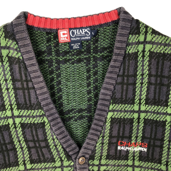 Ralph Lauren CHAPS Check Pattern Open-Front Cotton Knit Vest, Men's Size L (approx.) cotton navy blue type Vintage Second Hand