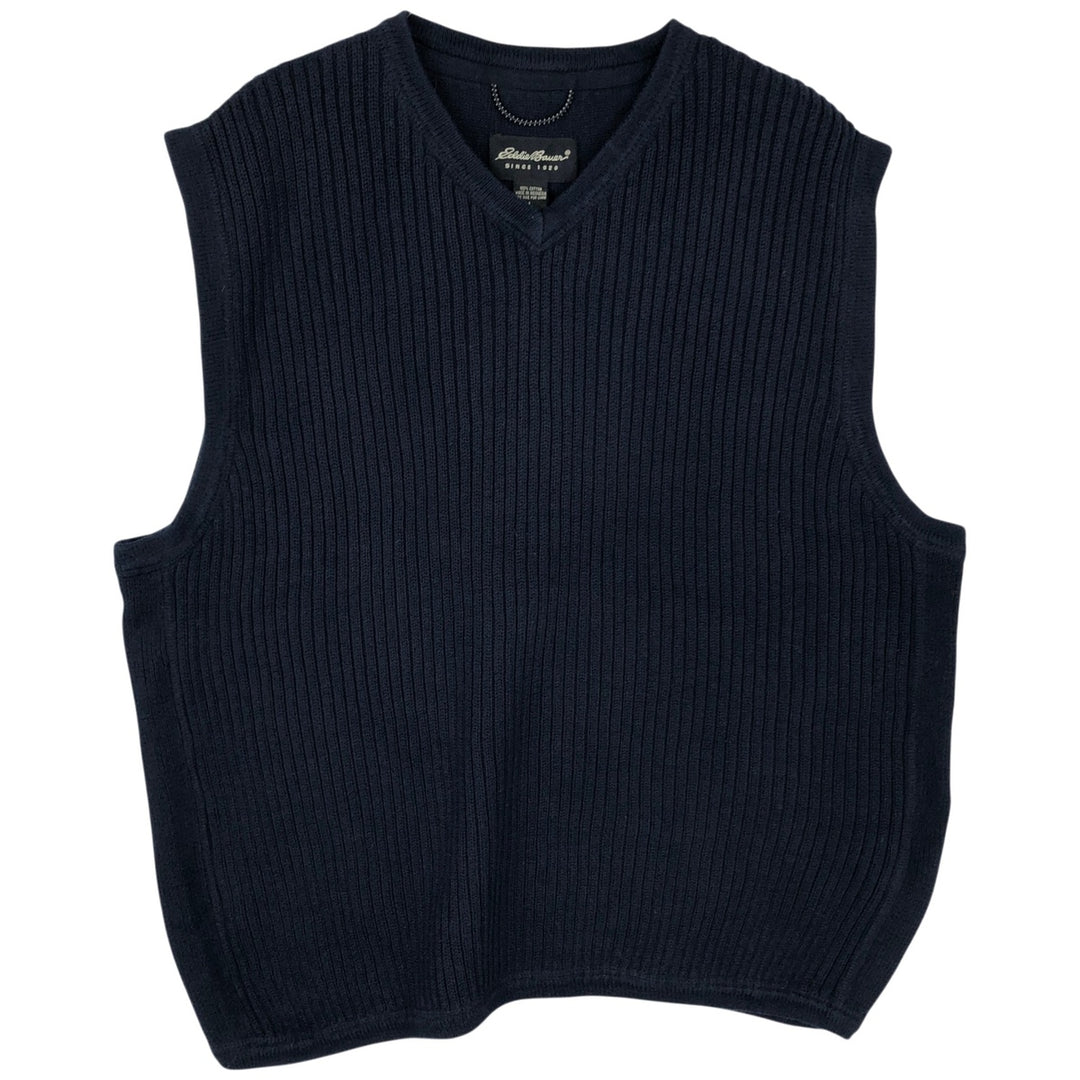 Eddie Bauer Rib-Knit V-Neck Cotton Vest, Men's Size L cotton navy blue type Vintage Second Hand