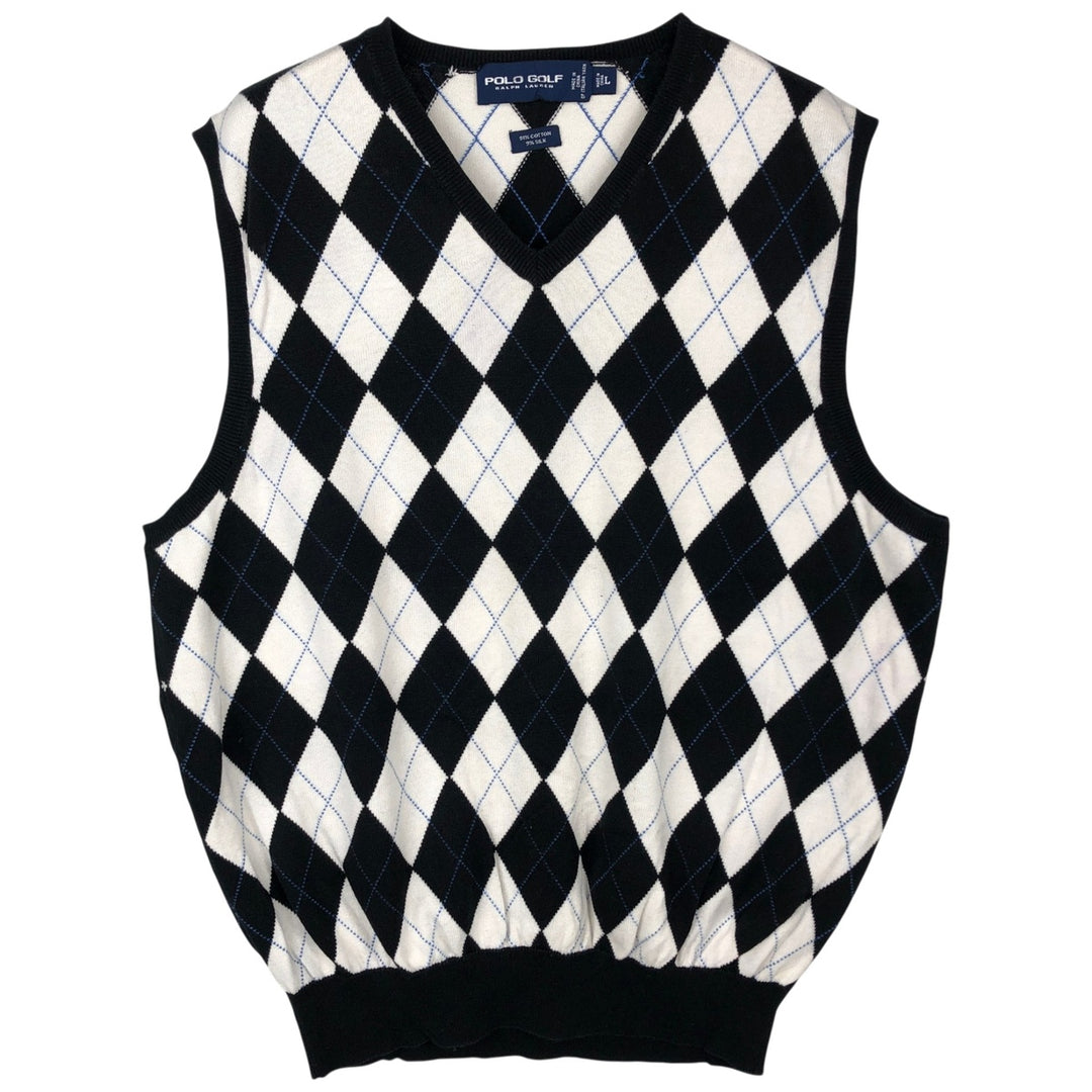Ralph Lauren POLO GOLF Argyle Pattern V-Neck Cotton Knit Vest, Men's Size L (approx.) cotton white type Vintage Second Hand