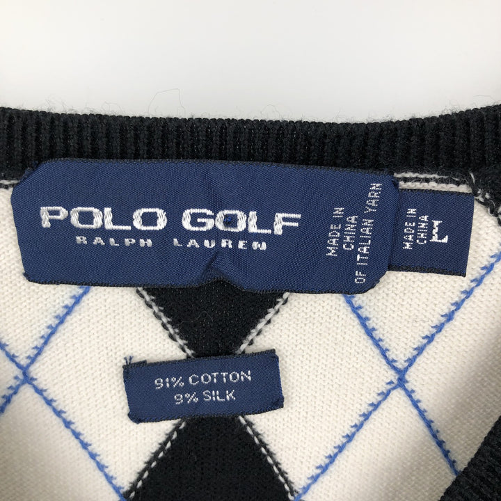 Ralph Lauren POLO GOLF Argyle Pattern V-Neck Cotton Knit Vest, Men's Size L (approx.) cotton white type Vintage Second Hand