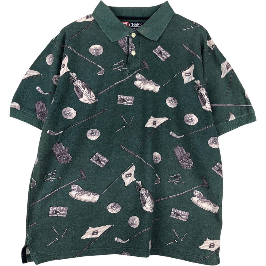 Ralph Lauren CHAPS all-over print short-sleeved polo shirt, men's size L (approx.) cotton green type Vintage Second Hand
