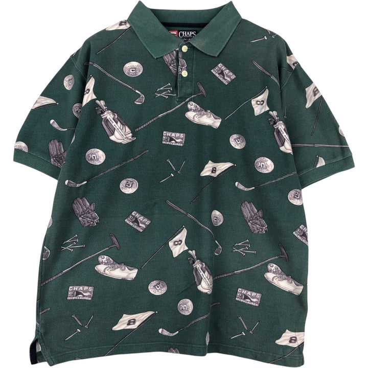 Ralph Lauren CHAPS all-over print short-sleeved polo shirt, men's size L (approx.) cotton green type Vintage Second Hand