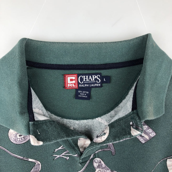 Ralph Lauren CHAPS all-over print short-sleeved polo shirt, men's size L (approx.) cotton green type Vintage Second Hand