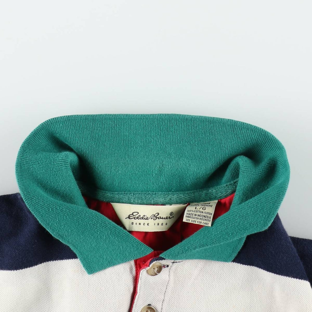 1990'S Eddie Bauer Short-Sleeve Striped Polo Shirt, Men's Size L (approx.), Vintage cotton navy blue type Vintage Second Hand