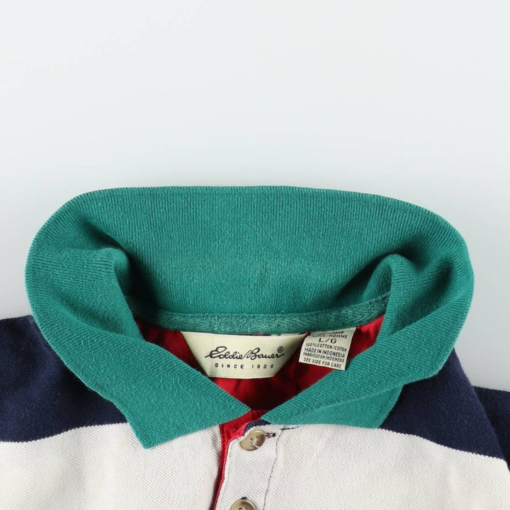 1990'S Eddie Bauer Short-Sleeve Striped Polo Shirt, Men's Size L (approx.), Vintage cotton navy blue type Vintage Second Hand
