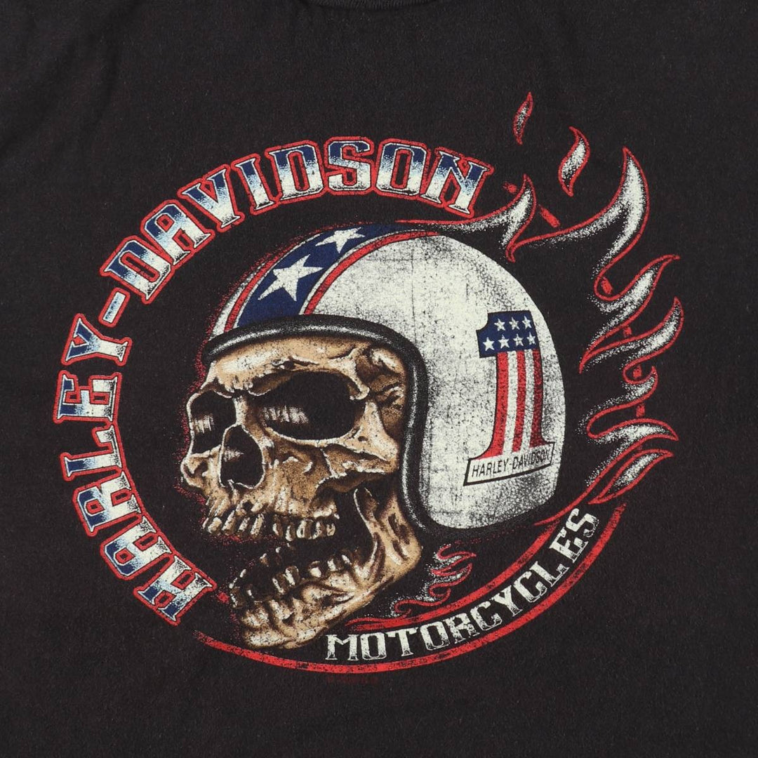 Harley-Davidson Skull Pattern American Flag Motorcycle T-Shirt, Men's Size XL (approx.) cotton black type Vintage Second Hand