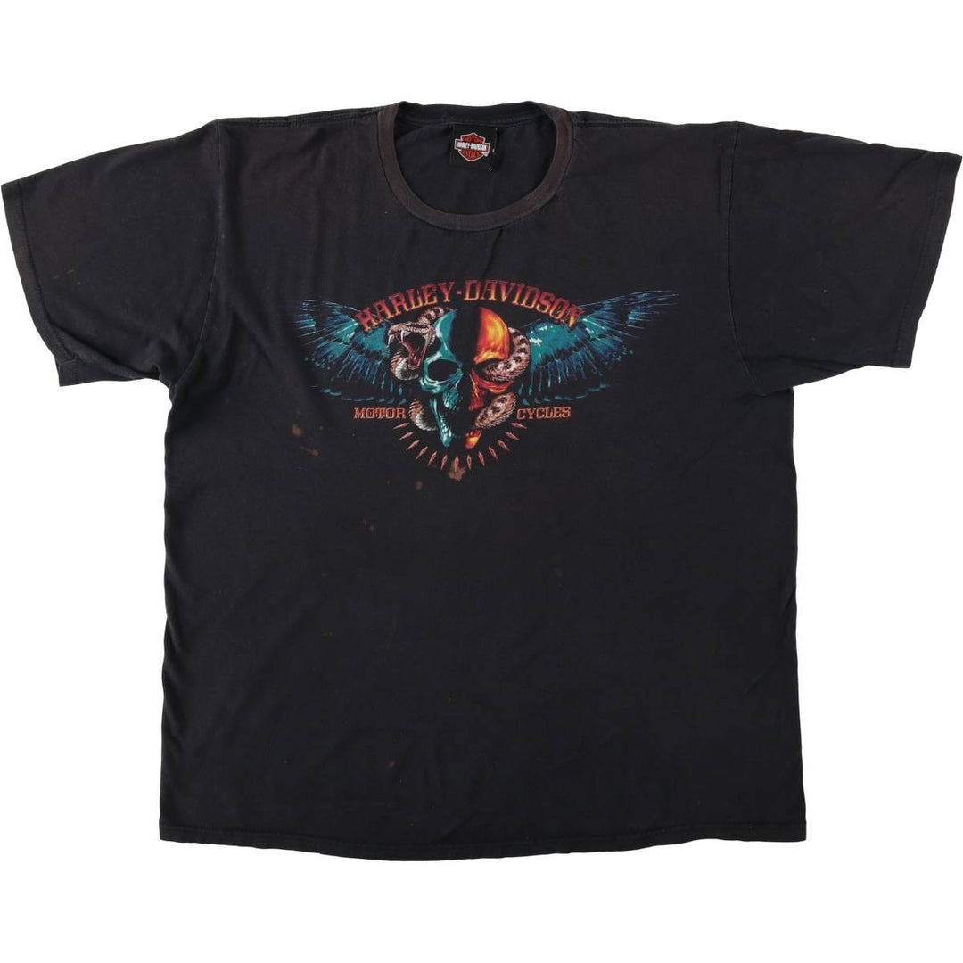 Harley-Davidson Fire Pattern Snake Print Skull Wing Motorcycle Bike T-Shirt, Men's Size XL (approx.) cotton black type Vintage Second Hand