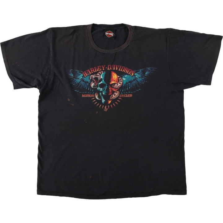 Harley-Davidson Fire Pattern Snake Print Skull Wing Motorcycle Bike T-Shirt, Men's Size XL (approx.) cotton black type Vintage Second Hand
