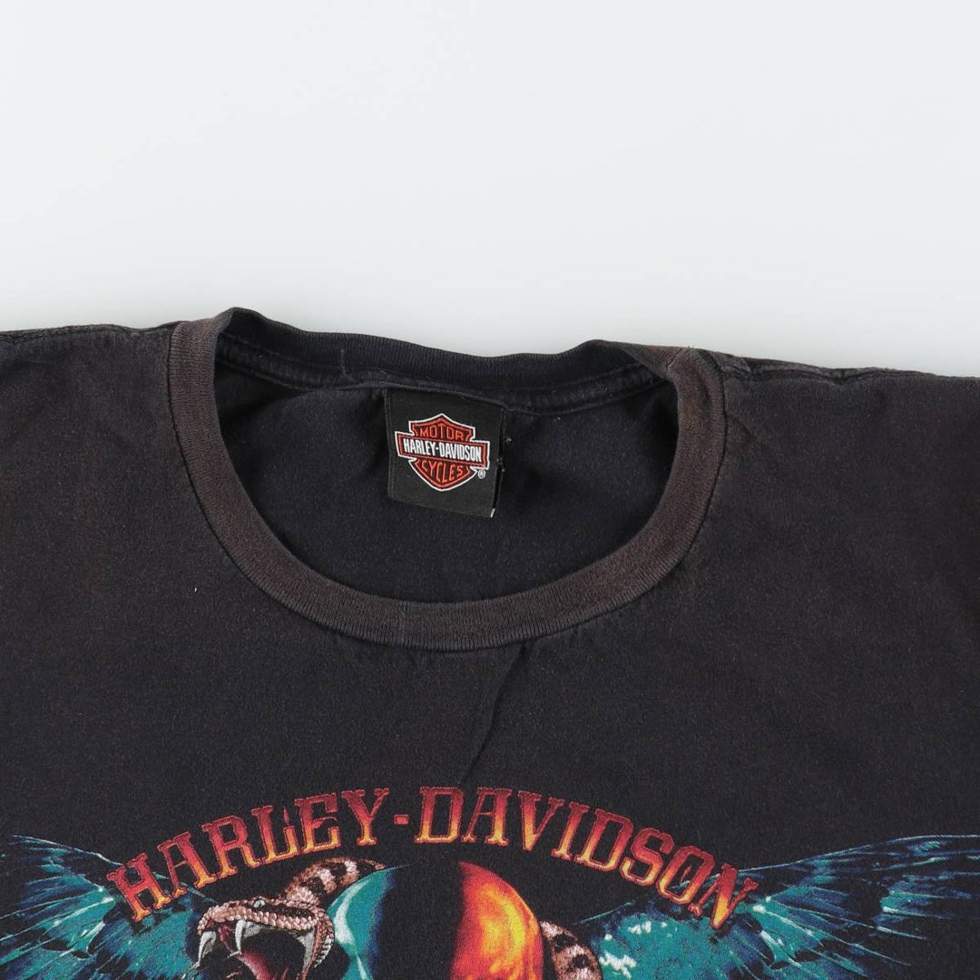 Harley-Davidson Fire Pattern Snake Print Skull Wing Motorcycle Bike T-Shirt, Men's Size XL (approx.) cotton black type Vintage Second Hand