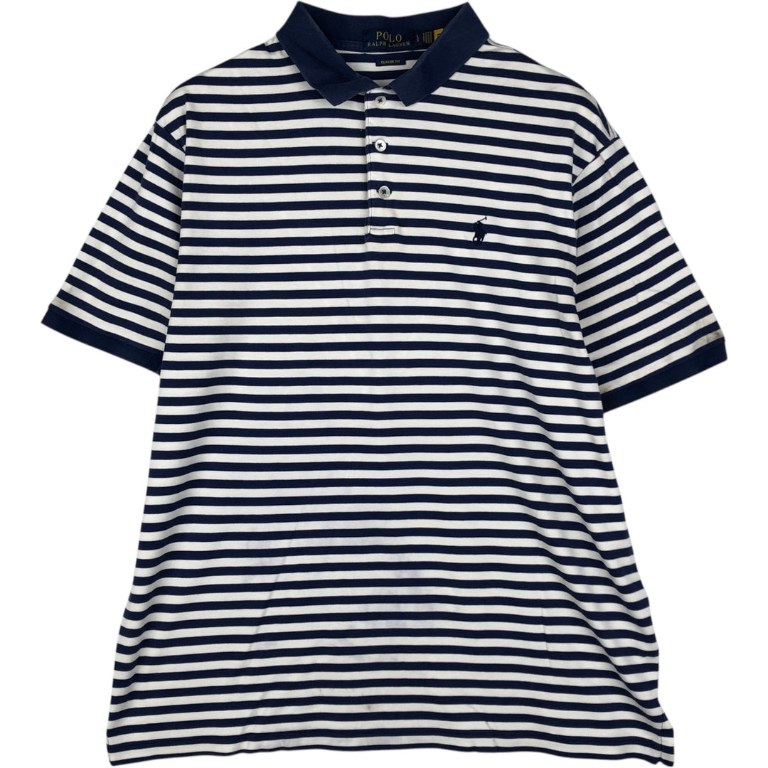 Ralph Lauren POLO RALPH LAUREN CLASSIC FIT short sleeve striped polo shirt men's size L cotton navy blue type Vintage Second Hand