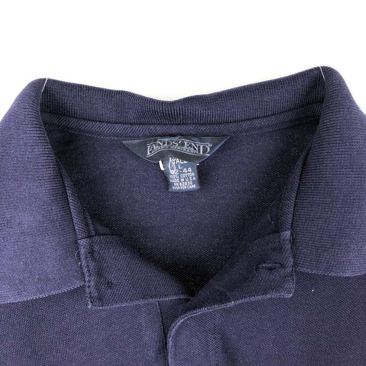 1990'S Lands' End Short-Sleeve Polo Shirt, Made in USA, Men's Size L (Equivalent), Vintage cotton navy blue type Vintage Second Hand