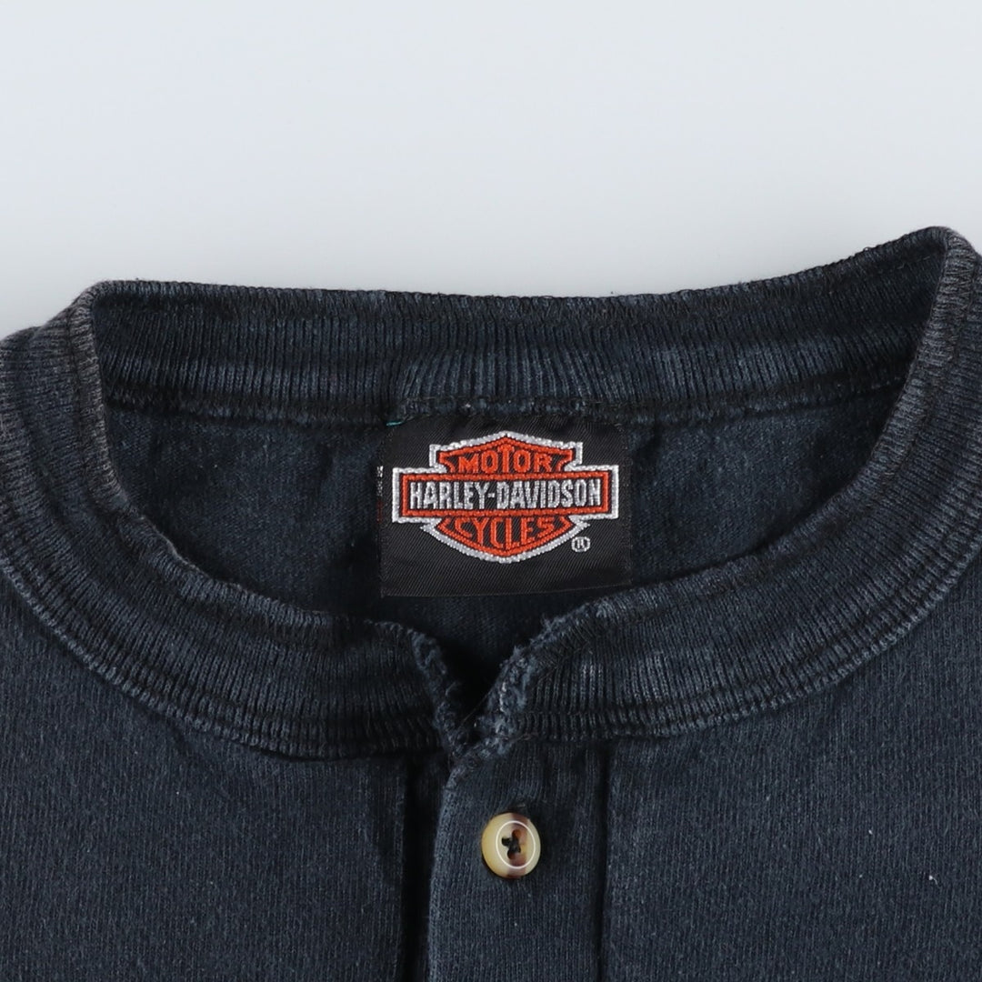 90'S Harley-Davidson Henley Neck Motorcycle T-Shirt, Men's Size XL (Equivalent), Vintage unclear black type Vintage Second Hand