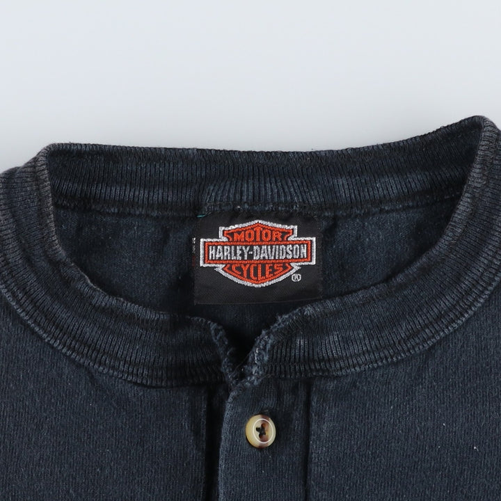 90'S Harley-Davidson Henley Neck Motorcycle T-Shirt, Men's Size XL (Equivalent), Vintage unclear black type Vintage Second Hand