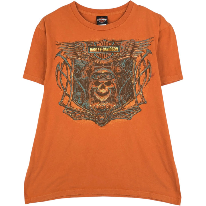 Harley-Davidson Skull Pattern Engine Motorcycle T-Shirt, Made in USA, Men's Size L (approx.) cotton orange type Vintage Second Hand