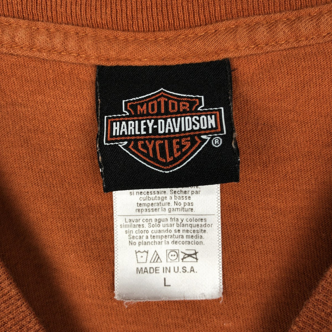 Harley-Davidson Skull Pattern Engine Motorcycle T-Shirt, Made in USA, Men's Size L (approx.) cotton orange type Vintage Second Hand