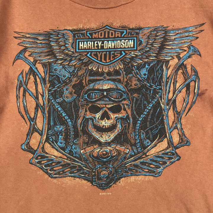 Harley-Davidson Skull Pattern Engine Motorcycle T-Shirt, Made in USA, Men's Size L (approx.) cotton orange type Vintage Second Hand