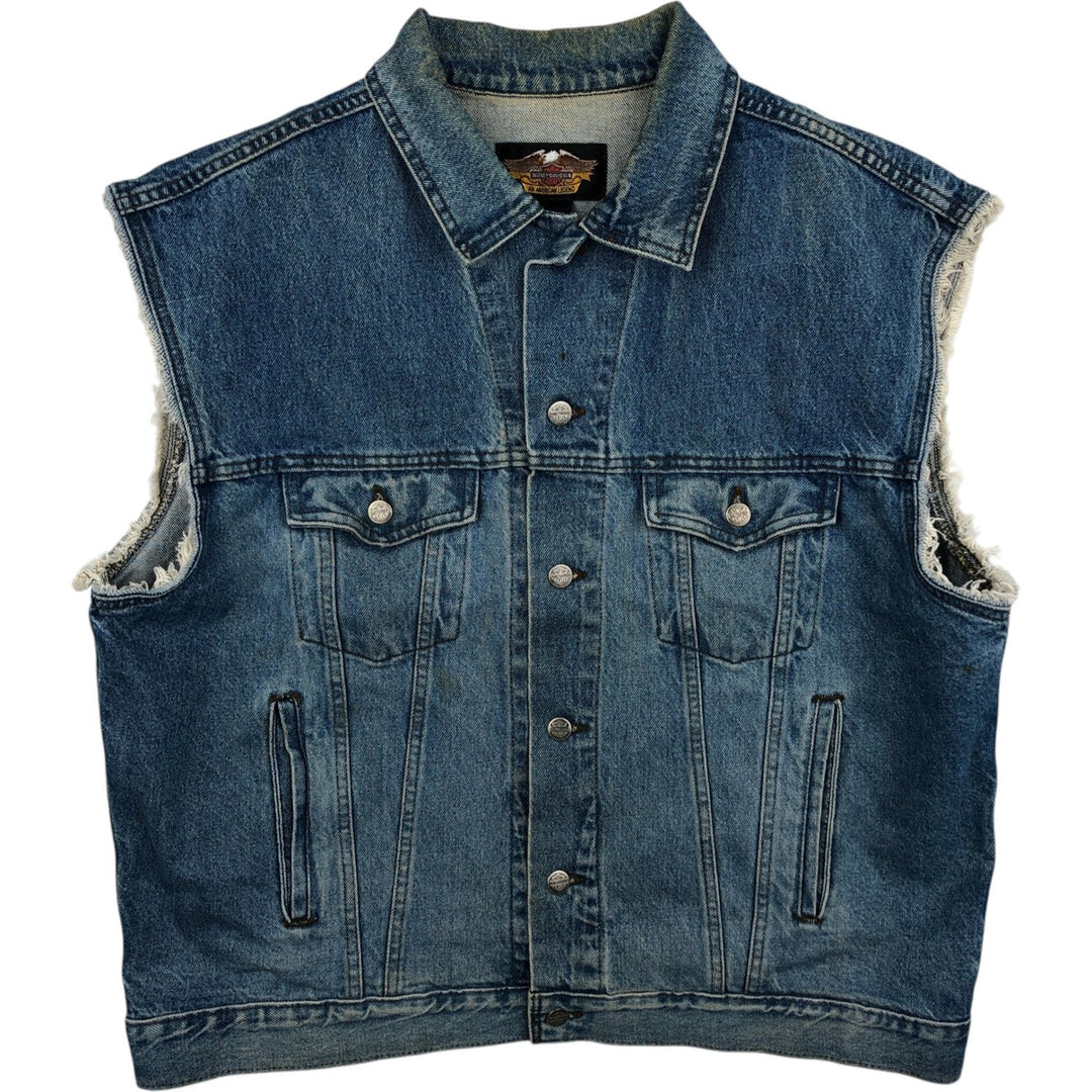 Harley-Davidson Eagle Pattern Back Print Cut-Off Denim Vest, Made in Canada, Men's XL (approx.) cotton blue type Vintage Second Hand