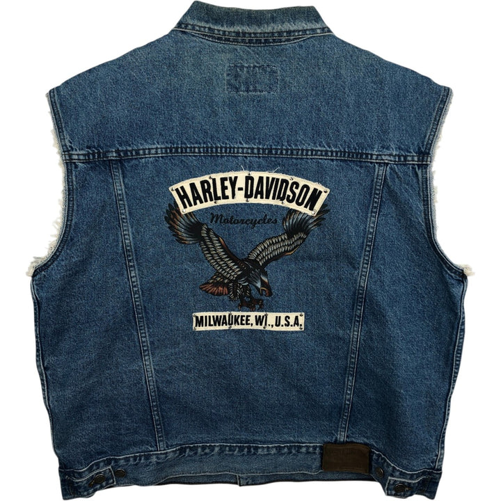 Harley-Davidson Eagle Pattern Back Print Cut-Off Denim Vest, Made in Canada, Men's XL (approx.) cotton blue type Vintage Second Hand