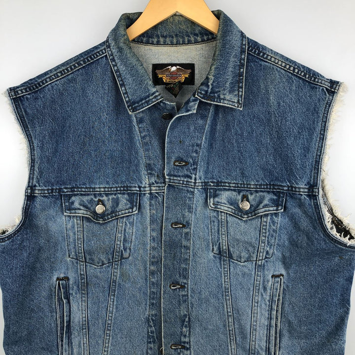 Harley-Davidson Eagle Pattern Back Print Cut-Off Denim Vest, Made in Canada, Men's XL (approx.) cotton blue type Vintage Second Hand