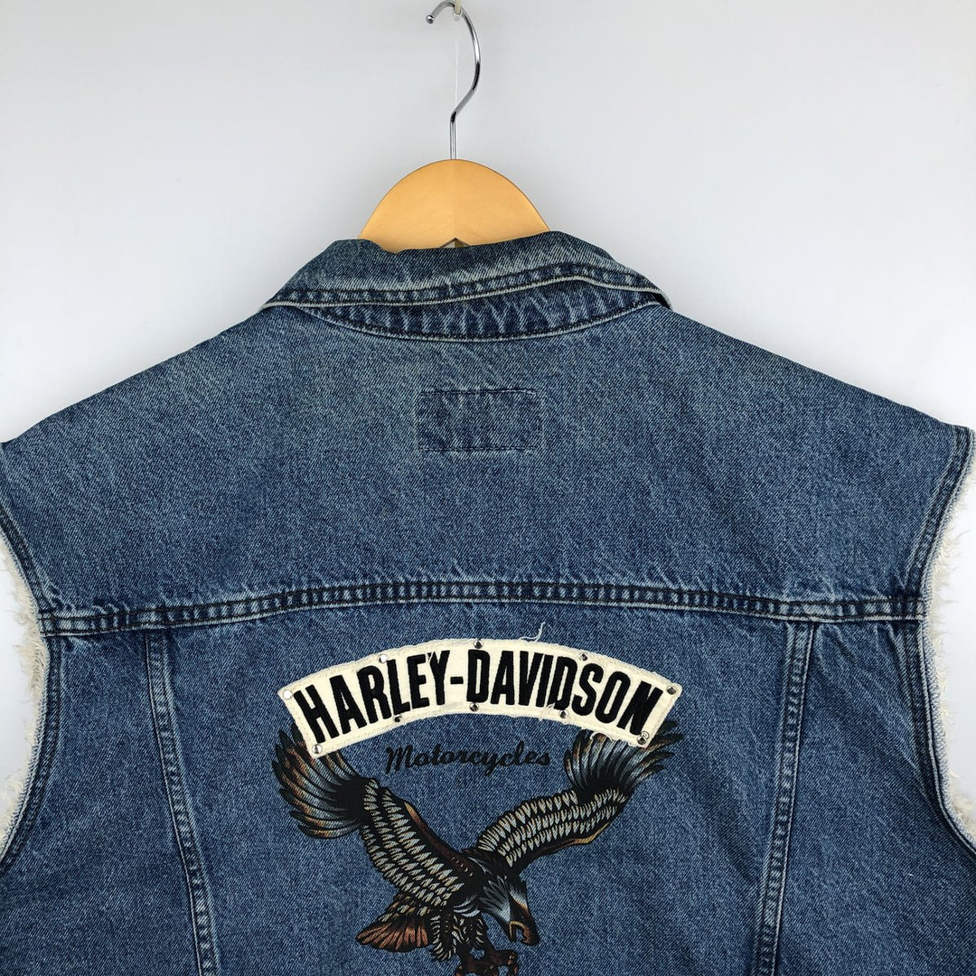 Harley-Davidson Eagle Pattern Back Print Cut-Off Denim Vest, Made in Canada, Men's XL (approx.) cotton blue type Vintage Second Hand