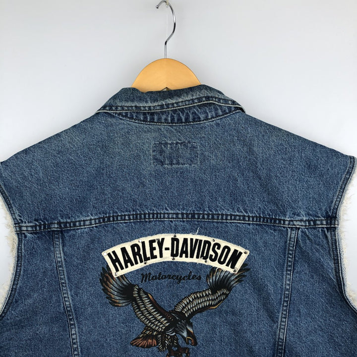 Harley-Davidson Eagle Pattern Back Print Cut-Off Denim Vest, Made in Canada, Men's XL (approx.) cotton blue type Vintage Second Hand