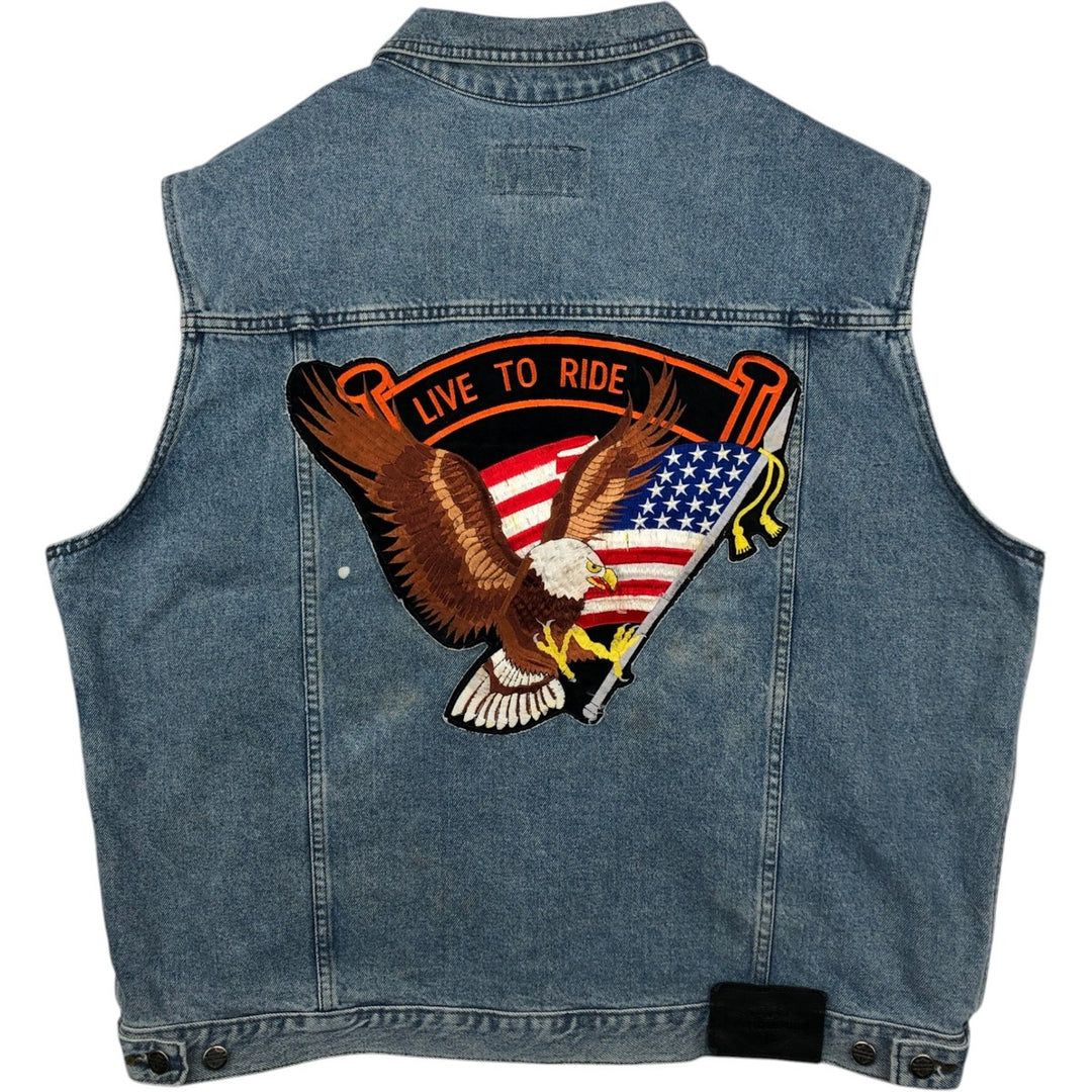 Harley-Davidson denim vest with American flag and eagle pattern, made in Canada, men's size XL equivalent. cotton blue type Vintage Second Hand