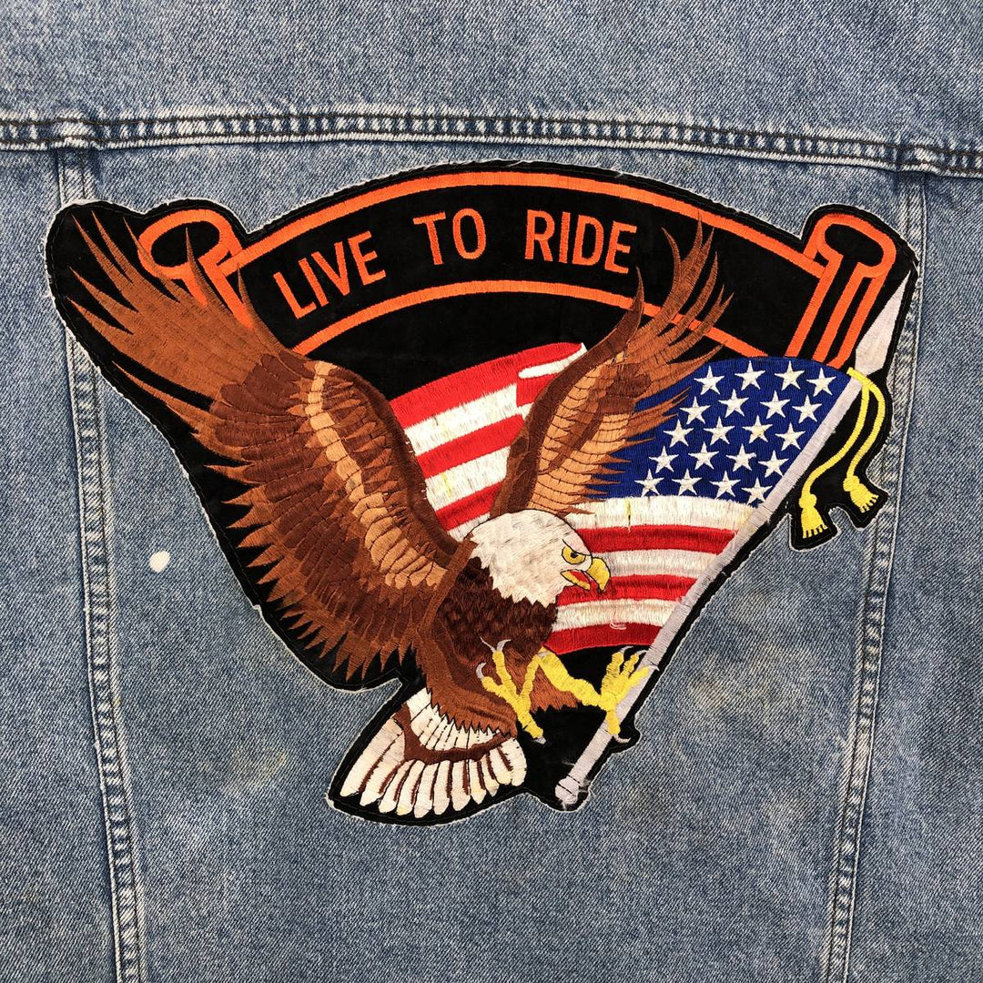 Harley-Davidson denim vest with American flag and eagle pattern, made in Canada, men's size XL equivalent. cotton blue type Vintage Second Hand
