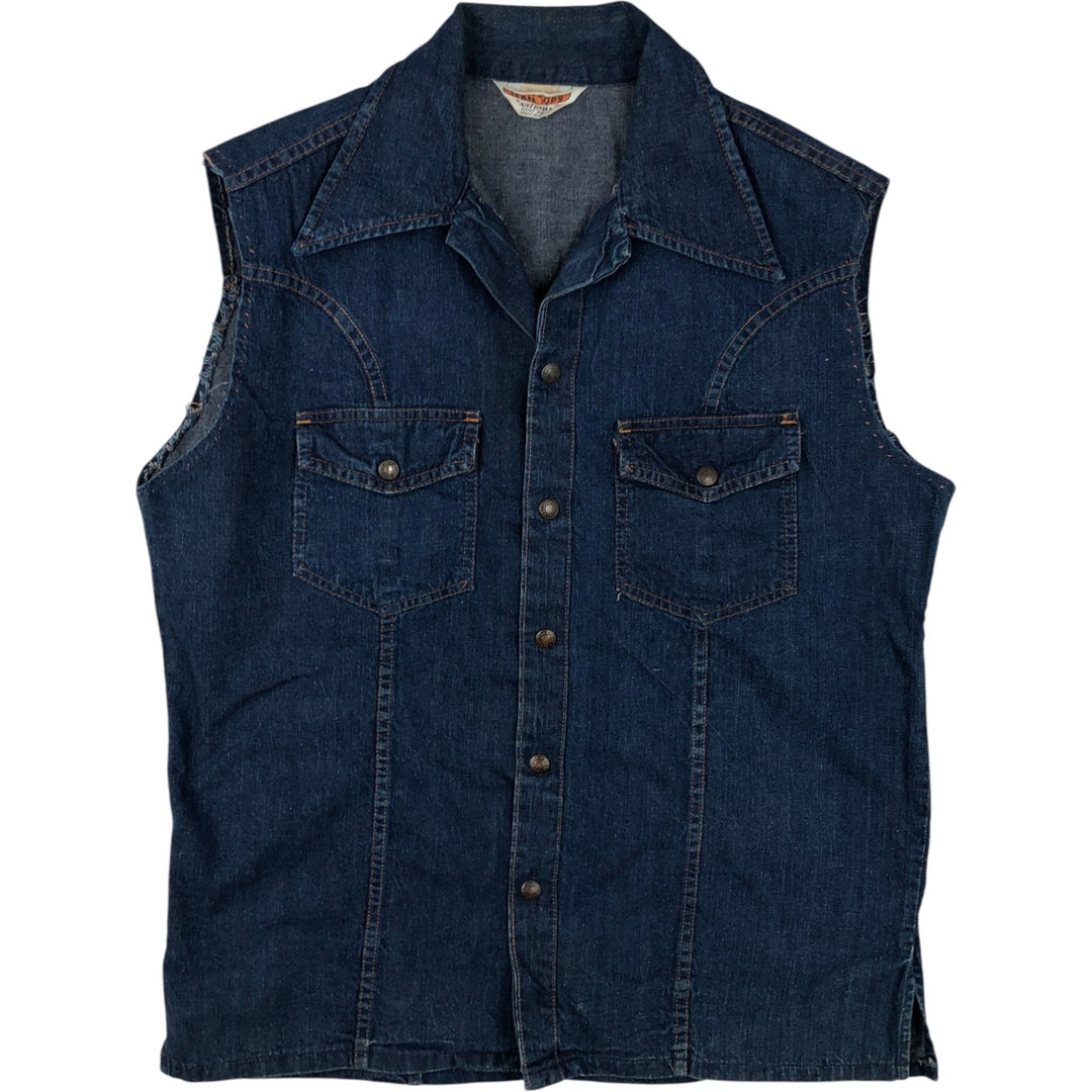 JEAN TOPS Tiger Pattern Cut-off Denim Vest (Men's Size L) unclear blue type Vintage Second Hand