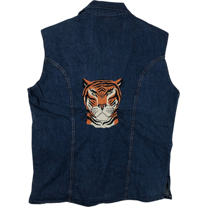 JEAN TOPS Tiger Pattern Cut-off Denim Vest (Men's Size L) unclear blue type Vintage Second Hand