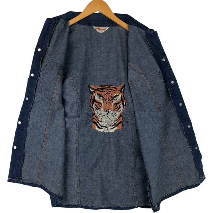 JEAN TOPS Tiger Pattern Cut-off Denim Vest (Men's Size L) unclear blue type Vintage Second Hand