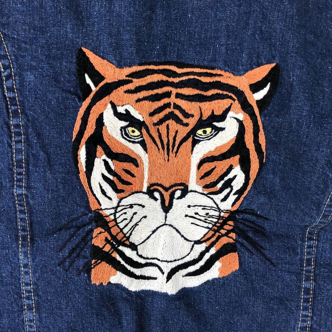 JEAN TOPS Tiger Pattern Cut-off Denim Vest (Men's Size L) unclear blue type Vintage Second Hand