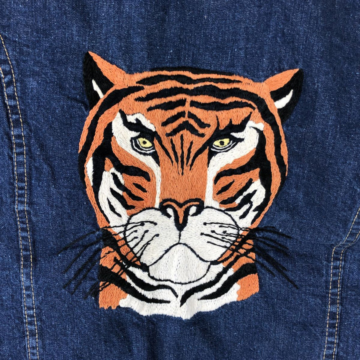 JEAN TOPS Tiger Pattern Cut-off Denim Vest (Men's Size L) unclear blue type Vintage Second Hand