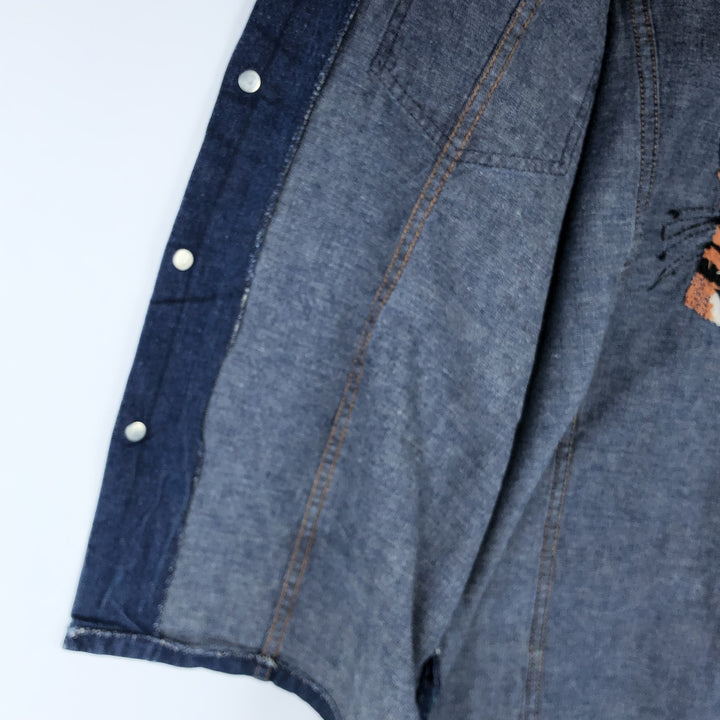 JEAN TOPS Tiger Pattern Cut-off Denim Vest (Men's Size L) unclear blue type Vintage Second Hand