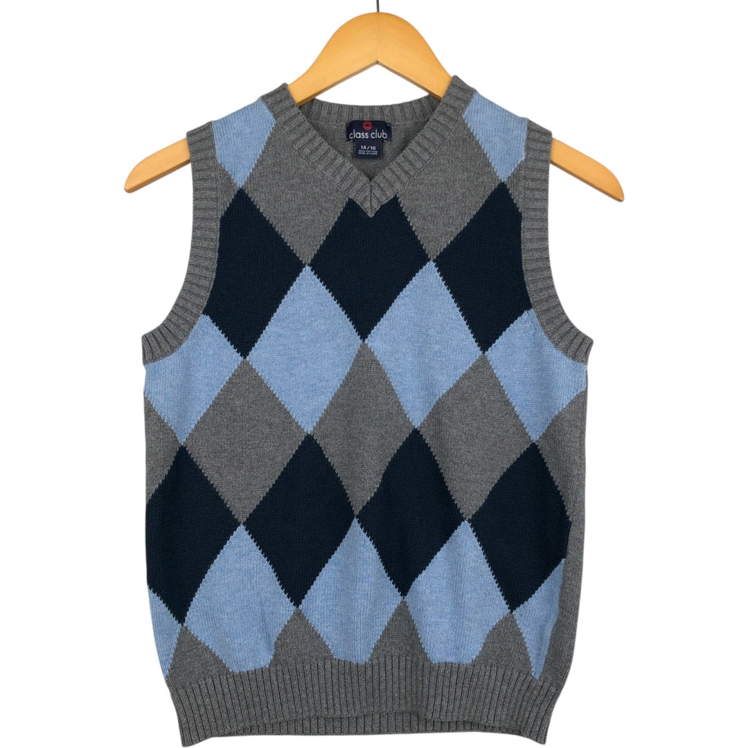 CLASS CLUB Diamond Pattern V-Neck Cotton Knit Vest, Women's Size S (approx.) cotton gray type Vintage Second Hand