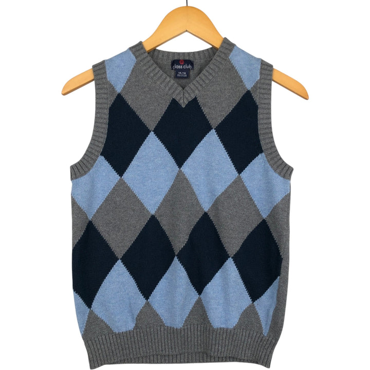CLASS CLUB Diamond Pattern V-Neck Cotton Knit Vest, Women's Size S (approx.) cotton gray type Vintage Second Hand
