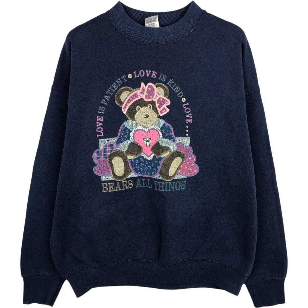 90'S Fruit of the Loom Teddy Bear Pattern Print Sweatshirt, Women's Size L (approx.), Vintage cotton navy blue type Vintage Second Hand