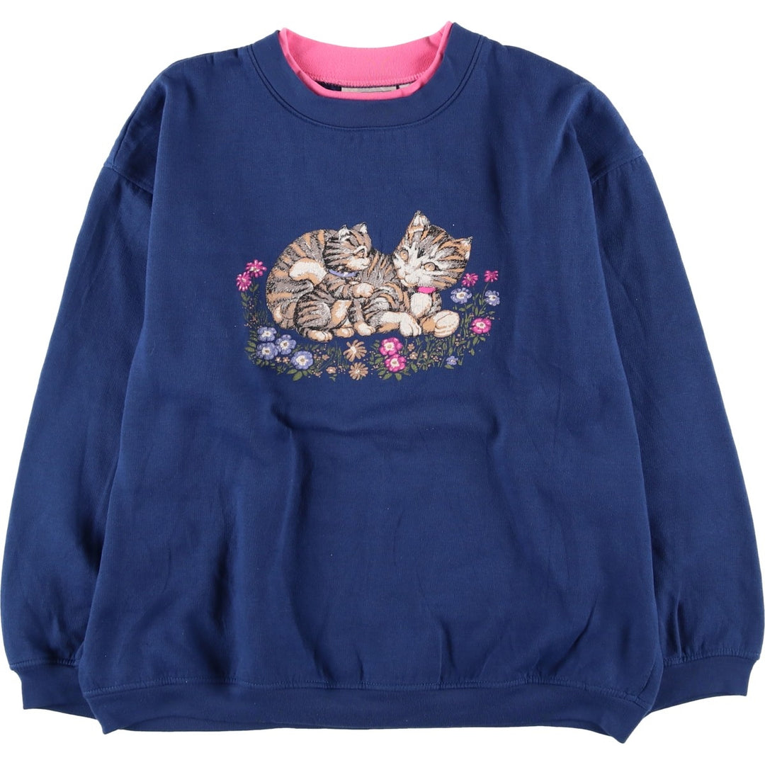 basic EDITIONS Cat Pattern Animal Sweatshirt (Women's XL equivalent) unclear navy blue type Vintage Second Hand