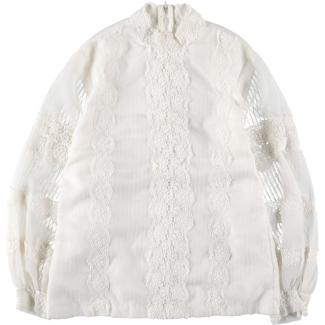 ~90'S Stripe Pattern Long Sleeve Cutwork Embroidery Stand Collar Pullover Blouse Women's Size M (approx.) Vintage unclear white type Vintage Second Hand