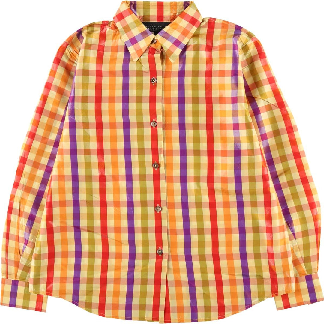 ELLEN TRACY Check Pattern Long-Sleeve Silk Shirt, Women's Size L (approx.) silk yellow type Vintage Second Hand