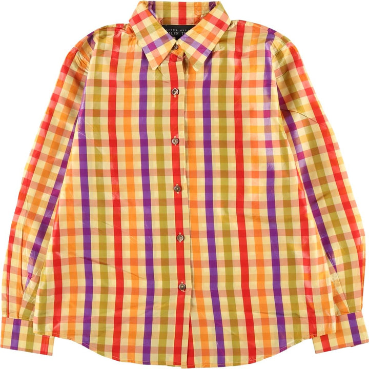 ELLEN TRACY Check Pattern Long-Sleeve Silk Shirt, Women's Size L (approx.) silk yellow type Vintage Second Hand