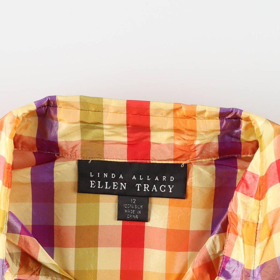 ELLEN TRACY Check Pattern Long-Sleeve Silk Shirt, Women's Size L (approx.) silk yellow type Vintage Second Hand