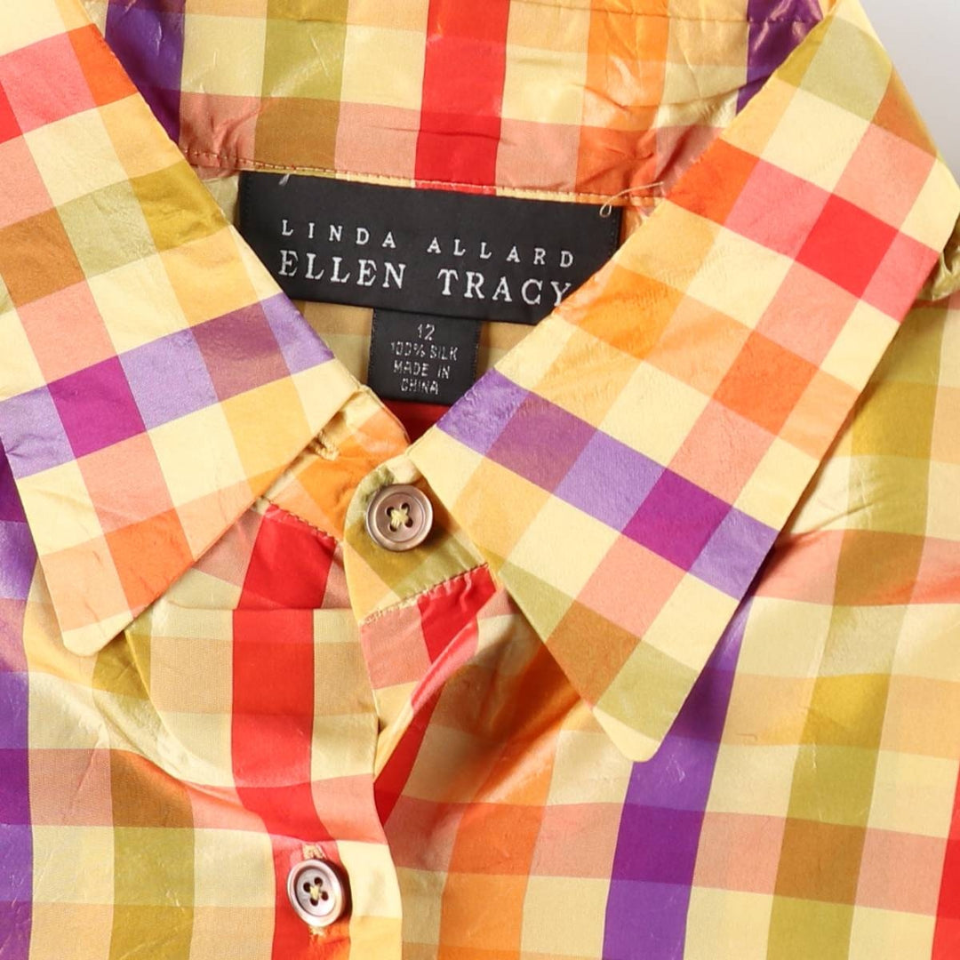 ELLEN TRACY Check Pattern Long-Sleeve Silk Shirt, Women's Size L (approx.) silk yellow type Vintage Second Hand